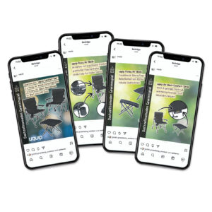 Vier Smartphones, die verschiedene UQUIP Campingstuhl Werbeanzeigen auf Instagram zeigen, einschließlich Produktinformationen und Gewinnspielankündigungen.