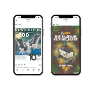 Mobile screenshot of an Instagram post promoting a giveaway for two Infinity Loungers worth €200 on the left and a Buddy Bollerwagen in the color 'Boulder' worth approximately €170 on the right.